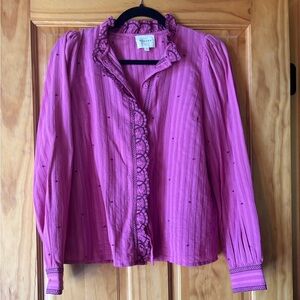 Sezane Pink Blouse with Lace Trim